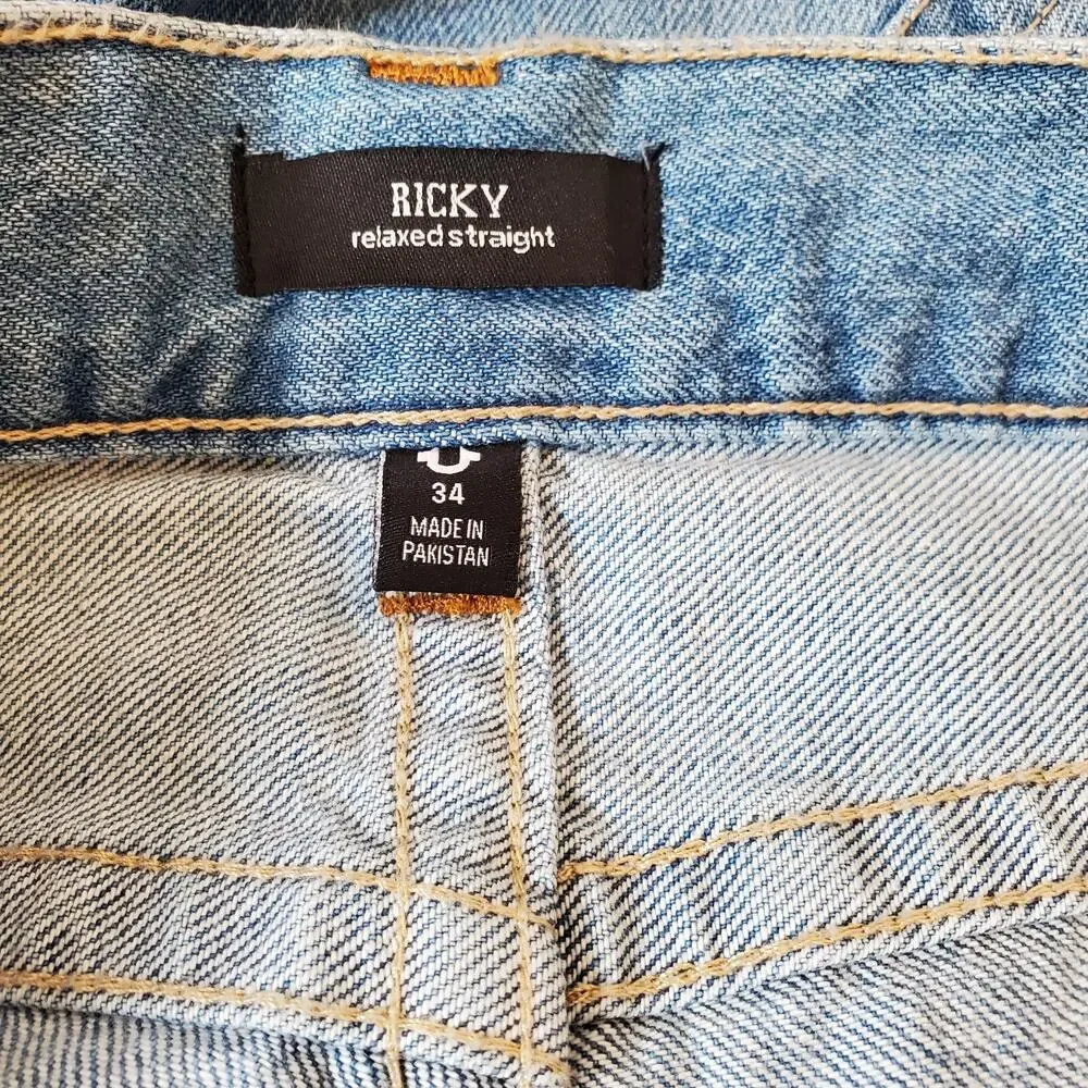 True Religion Brand Mens Jeans Ricky Relaxed Straight Leg SZ 34 Blue Distressed